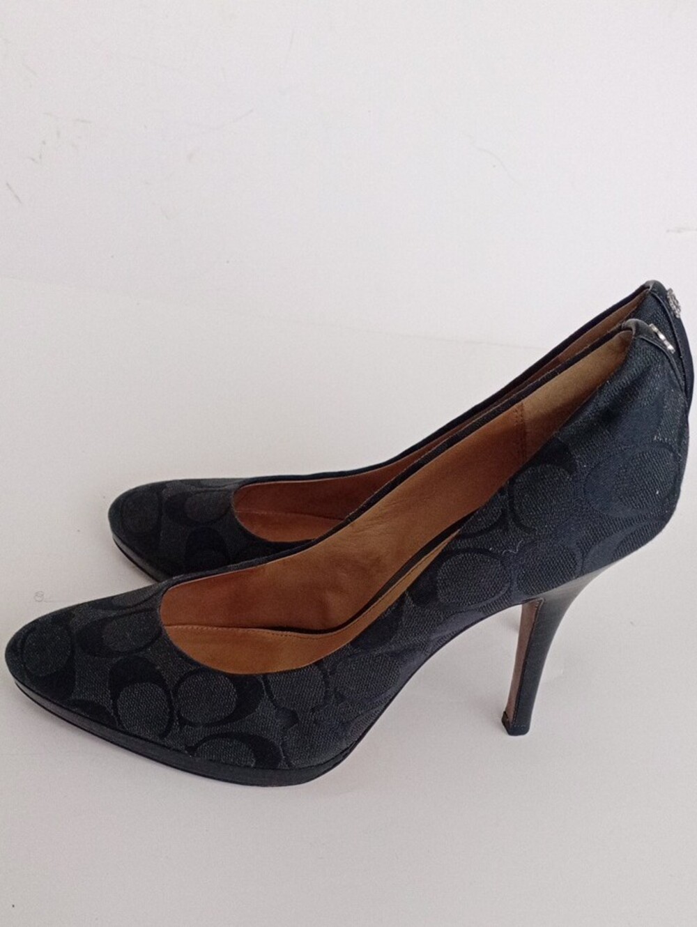 COACH Black Signature Monogram Pointed Toe Heels Size 10B | Designer Dress Shoes - Picture 6 of 17